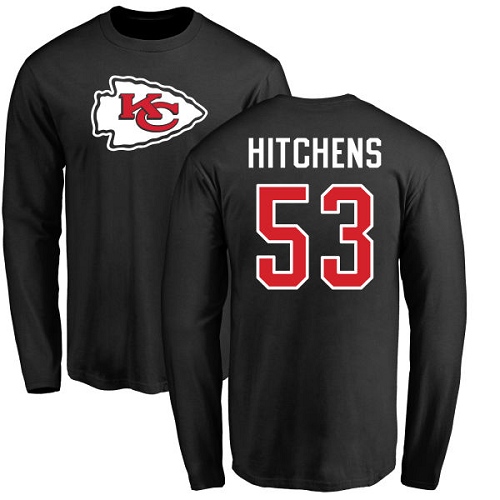 Men Kansas City Chiefs #53 Hitchens Anthony Black Name and Number Logo Long Sleeve NFL T Shirt
